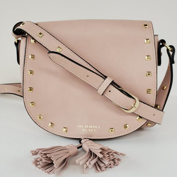 Victoria's Secrets Crossbody Saddle Bag Purse Pink Blush Studded Faux Leather - Picture 1 of 15